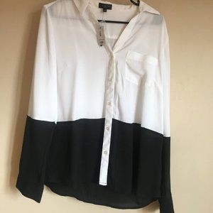 White/black collar shear button up blouse, L, NEW!